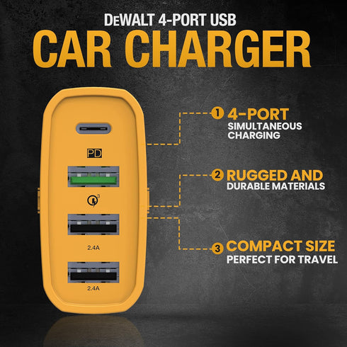 DEWALT 60W USB C Car Charger, 4 Port Fast Adapter, PD Type C Compatible with iPhone 15/Samsung, Cigarette Lighter