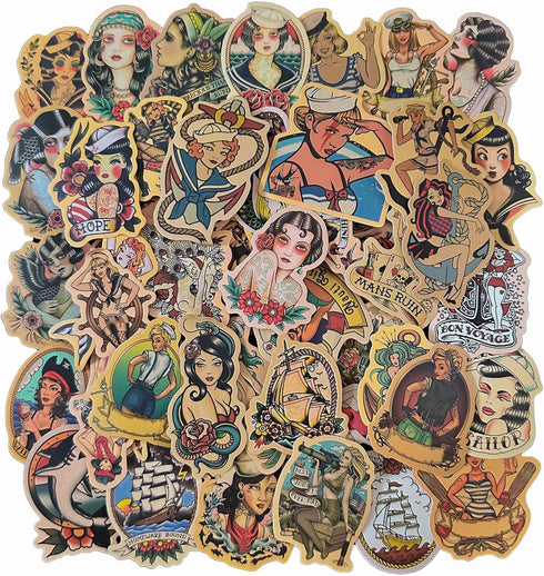 Vintage Stickers Pack, 100pcs Retro Girl Sailor Waterproof Vinyl Decals for Water Bottles, Laptops, Cars, Skateboards
