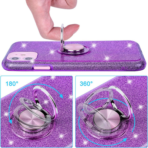 Wisdompro Glitter Case for iPhone 11, Purple, with Ring Holder Kickstand for Women Girls