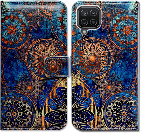 Galaxy A12 Case, Gorgeous Colours Circle Mandala Leather Flip Wallet Cover with Card Slot Holder Kickstand