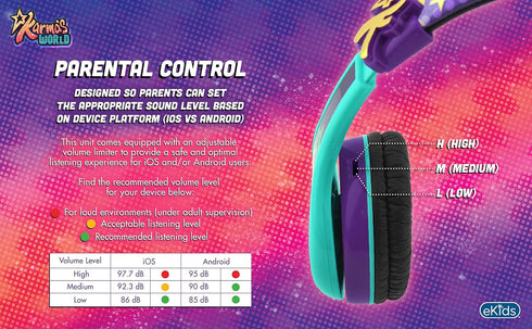 eKids Karmas World Wired Headphones for Kids, Tangle Free Stereo Headphones with Parental Volume Control, 3.5mm Jack
