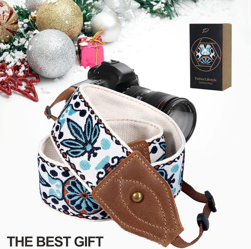 Padwa Lifestyle Camera Strap for DSLR/SLR Cameras - Double Layer Cowhide Ends, 2" Wide Vintage Embroidered Cotton Strap