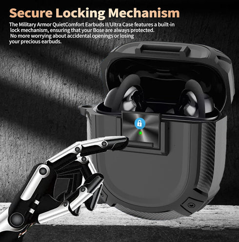 Olytop for New Bose QuietComfort Earbuds II (2022) / Ultra (2023) Case Cover with Lock Clip&Cleaner kit Pen, Rugged Shockproof Protective Hard Skin with Carabiner Men Women for Bose QC 2 - Black