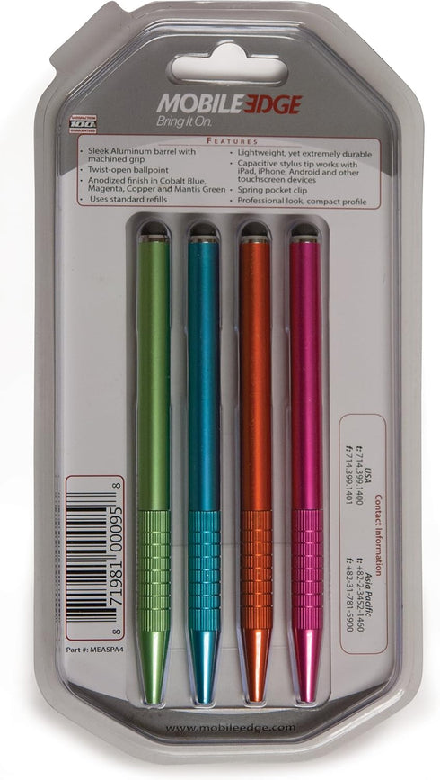 Mobile Edge 2-in-1 Stylus Pen for Touch Screens, High Precision for Apple iPad, iPhone, Android, and More, 4-Pack Set