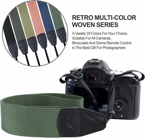 Padwa Lifestyle Dark Green Camera Strap, 2" Wide Cotton Woven Genuine Leather Head, Complimentary 2 Pcs Quick Release