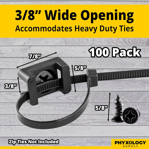 Pro-Grade Slim 1x .6 Cable Tie Mounts with Screws, 100 Pack, Black Zip Tie Bases for Wire Management
