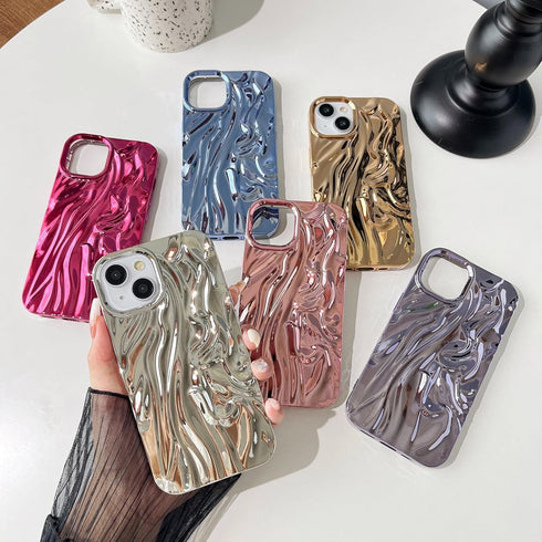 Caseative Pleated Water Ripple Chrome Plating Electroplated Wave Pattern Soft Compatible with iPhone Case (Gold,iPhone 13)