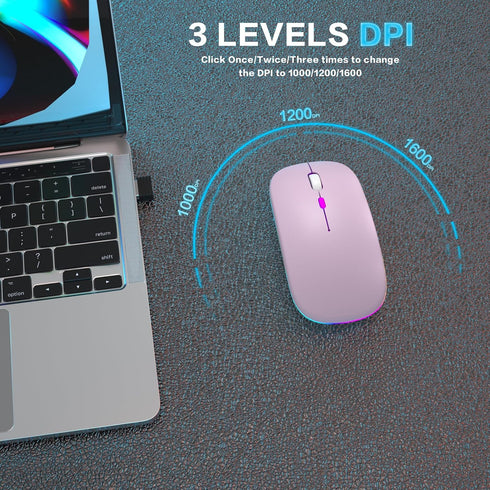 Wireless Bluetooth Mouse, LED Rechargeable Laptop Mouse, Portable Dual Mode Connection (BT5.2 and USB 2.4G), Slim (Pink)