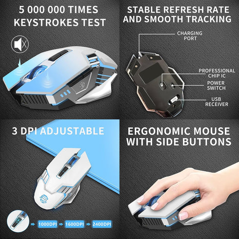 White Bluetooth Mouse, Rechargeable USB Wireless Dual Mode with RGB Light, Ergonomic for Laptop, MacBook
