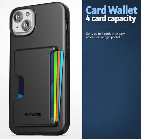iPhone 14 ENCASED Protective Wallet Case - Black with Card Holder & Screen Protector (Holds 4 Credit Cards/IDs)