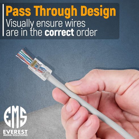Everest Media Solutions RJ45 Cat6 Pass Through Connectors - 200 Pack, EZ to Crimp Modular Plug for UTP Network Cable
