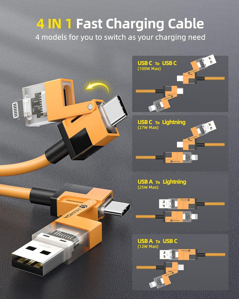 HUNDA 4 in 1 USB C to C Fast Charging Cable, 5ft Silicone USB C to Lightning Cable Combo for iPhone 15/15 Pro/15 Pro