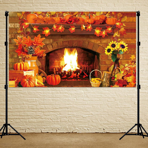 Fall Thanksgiving Decoration, Fireplace Backdrop Autumn Harvest Pumpkin Background for Thanksgiving Day Party Supplies