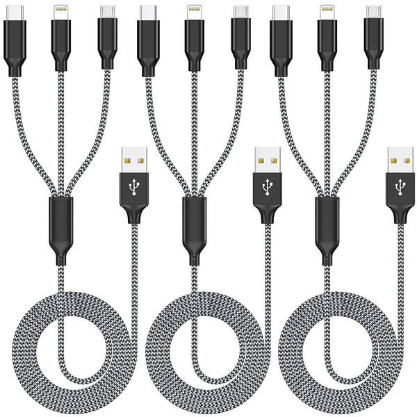 3-Pack 4FT Multiple Charger Cable, 3 in 1 USB Charging Cable with Type C, Micro, Lightning Connectors for Cell Phones