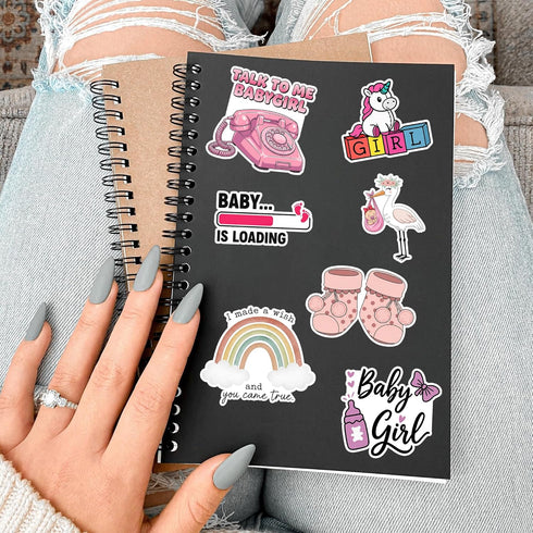 HIZILY 50 Album Pcs Baby Girl Stickers Pink Newborn Sticker Baby Shower Waterproof Vinyl Decals Gender Reveal Decor
