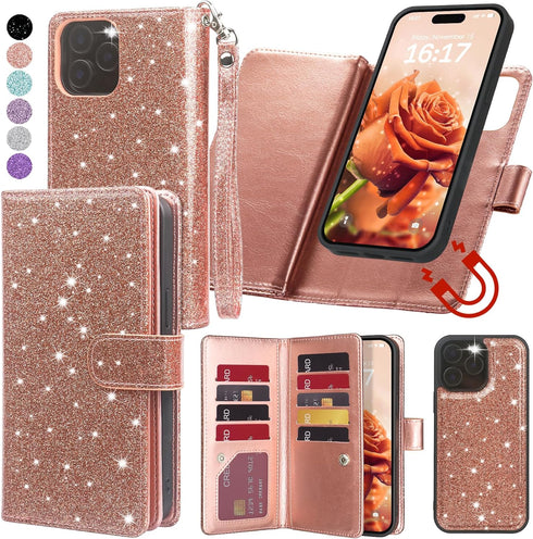 Varikke Wallet Case for iPhone 13 Pro Max, Fashion Glitter PU Leather Strap, Magnetic Flip Cover, Rose Gold