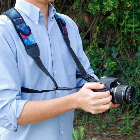 USA GEAR DSLR Camera Strap Chest Harness with Quick Release Buckles, Galaxy Neoprene Pattern and Accessory Pockets -