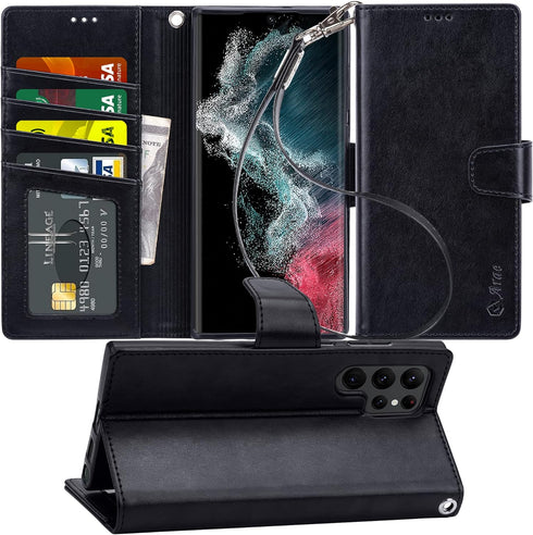 Arae Case for Samsung Galaxy S22 Ultra 5G, PU Leather Wallet Cover with Stand Feature and 4-Slots for Cards