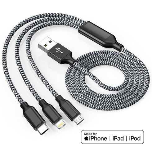 Multi Charging Cord 4ft, 2Pack Nylon Braided Apple MFi Certified iPhone Charger, 3 in 1 Lightning Cable