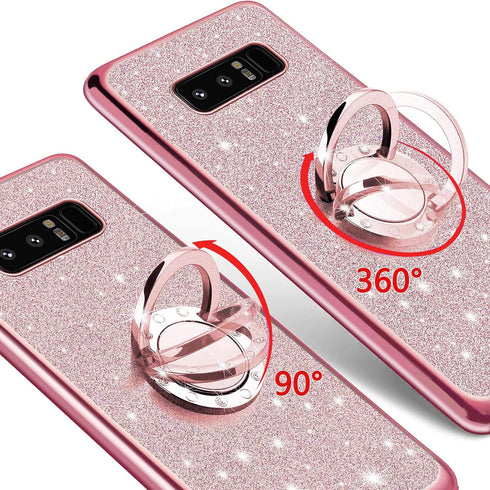 Cute Bling Glitter Phone Case for Samsung Galaxy Note 8, Shockproof 2-Layer Protective Cover with Ring Stand & Lanyard