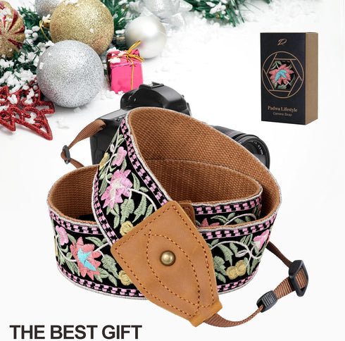 Padwa Lifestyle Embroidered Flower Camera Strap - 2" Wide Vintage Cowhide Strap for DSLR/SLR Cameras