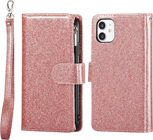 UEEBAI Wallet Case for iPhone 11 - PU Leather Magnetic Closure Handbag with Zipper Pocket, Glitter Pink