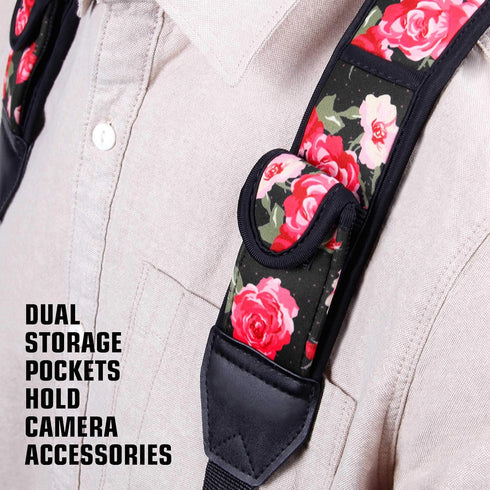 USA Gear DSLR Camera Strap Chest Harness with Quick Release Buckles, Floral Neoprene Pattern and Accessory Pockets