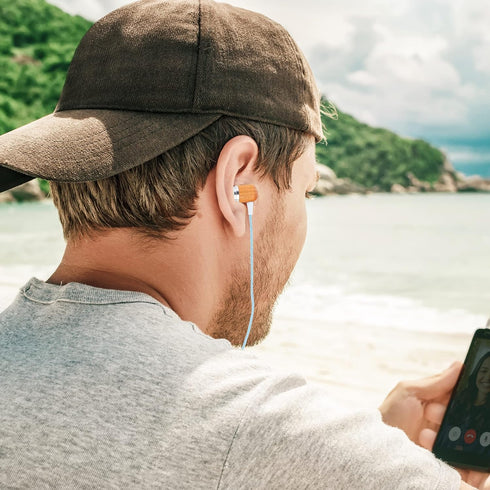 Earth-Budz Genuine Wood Earbuds | in-Ear Noise-Isolating Headphones with in-line Microphone (Blue Skies)
