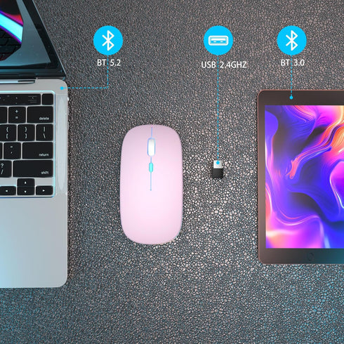 Wireless Bluetooth Mouse, LED Rechargeable Laptop Mouse, Portable Dual Mode Connection (BT5.2 and USB 2.4G), Slim (Pink)