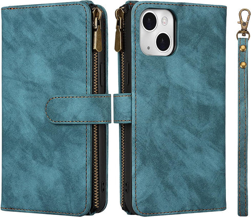 iCoverCase iPhone 13 Wallet Case with Card Holder, 2 in 1 PU Leather Magnetic Clasp, Zipper Pocket, Blue