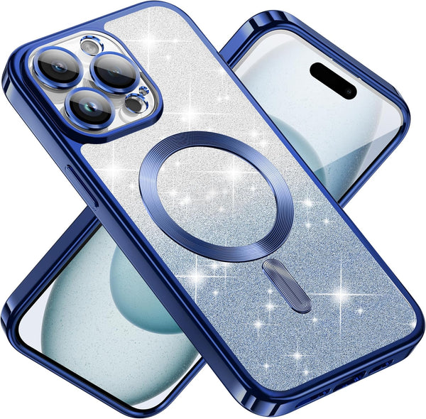 Jmltech iPhone 15 Pro Max Case - Cute Transparent Silicone, Magnetic Shockproof, Luxury Plating, Gradient Glitter Blue.