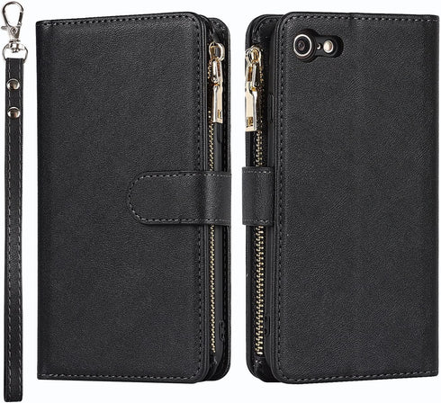 Jaorty Wallet Case Compatible with iPhone 7/8/iPhone SE 2nd 2020, 9 Card Slots, Wrist Strap, Stand Feature, Zipper Cash