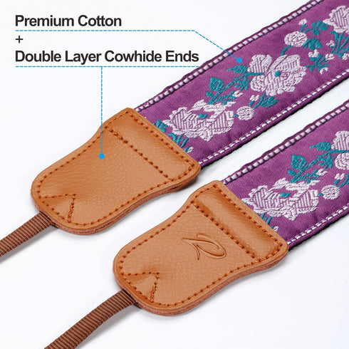 Padwa Lifestyle Purple Flowers Embroidered Camera Strap - Double Layer Cowhide Ends,2" Cotton Vintage Camera Straps, Adjustable Neck & Shoulder Strap for All DSLR Cameras,Great Gift for Photographers