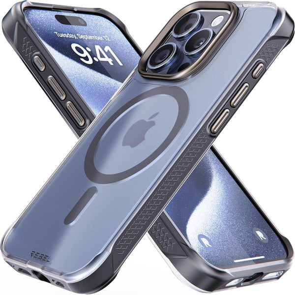 REBEL Clear Case for iPhone 15 Pro, Frosted Series Gen-5, Strong MagSafe Compatible, Protective Shockproof Bumpers