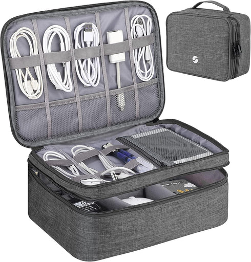 ORIENT FAMULAY Waterproof Travel Organizer, Double Layer Large Shockproof Cable Bag for Electronic Accessories - Gray