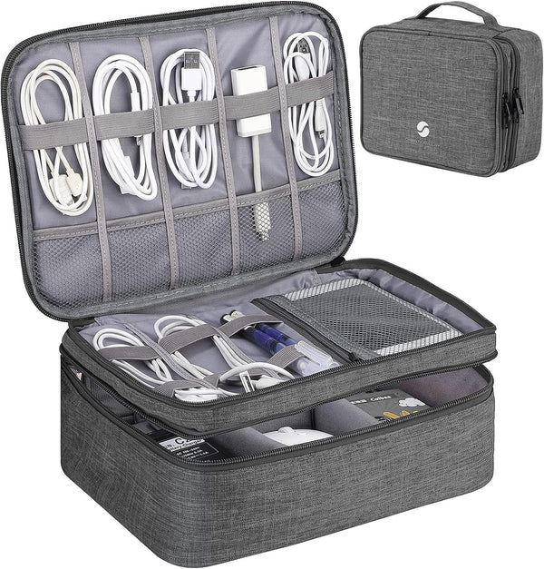 ORIENT FAMULAY Waterproof Travel Organizer, Double Layer Large Shockproof Cable Bag for Electronic Accessories - Gray