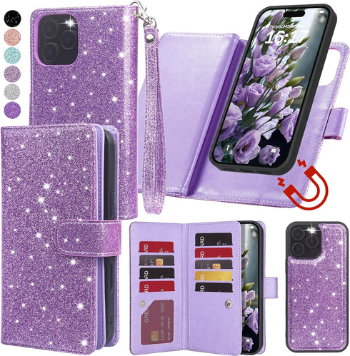 Varikke for iPhone 12 Wallet Case, Detachable with Card Holder, Fashion Glitter Leather Strap, Light Purple