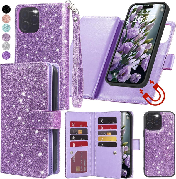 Varikke for iPhone 12 Wallet Case, Detachable with Card Holder, Fashion Glitter Leather Strap, Light Purple