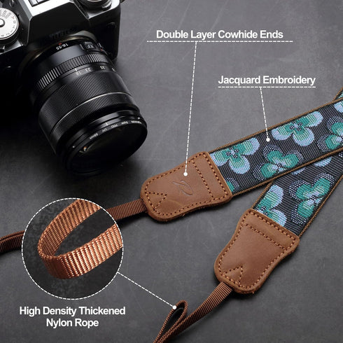 Padwa Lifestyle Camera Strap - 1.5" Crazy Horse Cowhide Head Cotton Strap, Vintage Embroidery for Photographers,