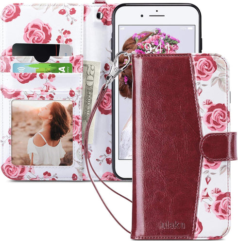 ULAK Wallet Case - Burgundy - Compatible with iPhone 7 Plus/8 Plus, Premium PU Leather Flip Cover with Card Holder