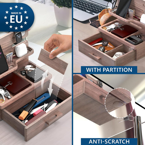 BARVA Wood Docking Station for Men, Gifts for Dad, Nightstand Organizer with Drawer, Charging Dock for Phone and Watch