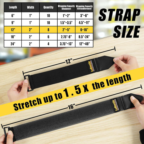 LuBanSir Cinch Straps, 2" x 12" (8 Pack), Elastic Hook and Loop Storage Strap for Cord, Cable, Rope, Hose