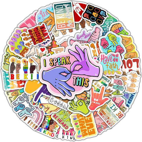 Pack of 50 ASL Stickers, American Sign Language Vinyl Decals, Waterproof Decorations for Laptop, Bumper, Water Bottles
