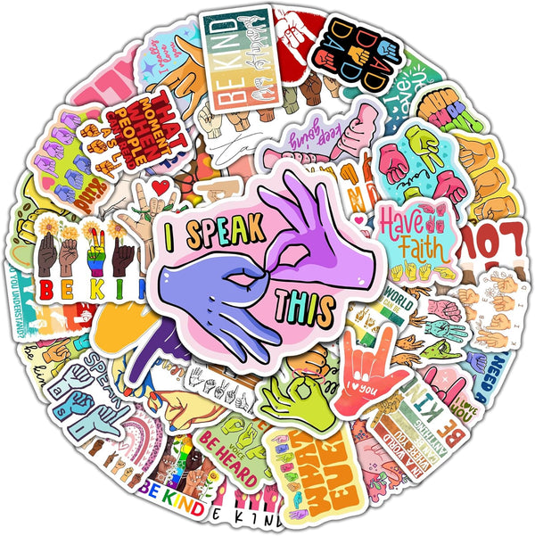 Pack of 50 ASL Stickers, American Sign Language Vinyl Decals, Waterproof Decorations for Laptop, Bumper, Water Bottles