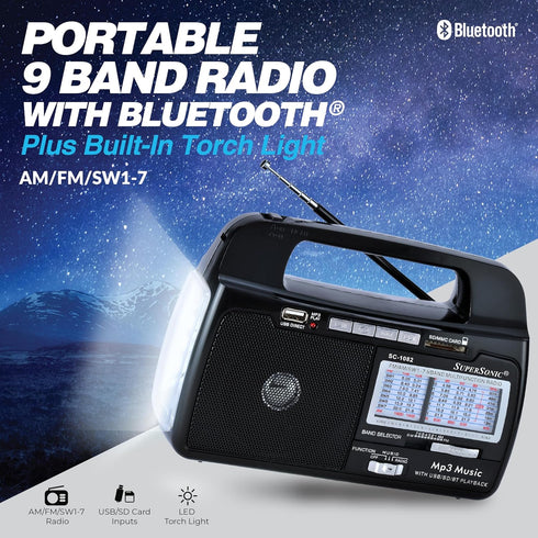 Supersonic 9 Band AM/FM/SW 1-7 Portable Radio, High Sensitivity Receiver, Rechargeable Battery, Torch Light