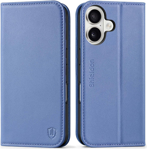 SHIELDON Wallet Case for iPhone 16 6.1", Genuine Leather Folio Magnetic Kickstand RFID