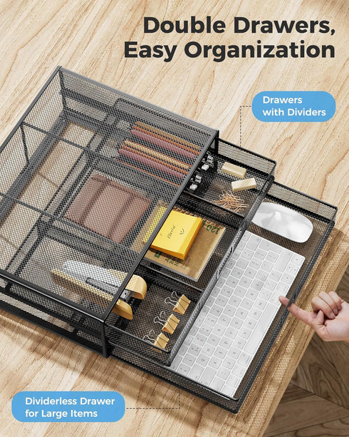 HUANUO 2 Tier Metal Monitor Stand, Desk Organizer with Drawer for PC, Laptop, Printer, Desktop Storage