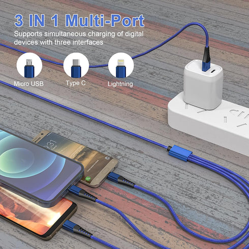 3M/10Ft Multi 3 in 1 USB Long Charger Cable - 6A PD Fast Braided Cord with USB C, Micro USB, Lightning Connectors.