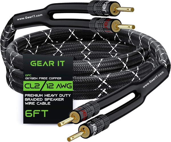 GearIT 12AWG Speaker Cable Wire with Gold-Plated Banana Tip Plugs - 6 Feet, Black