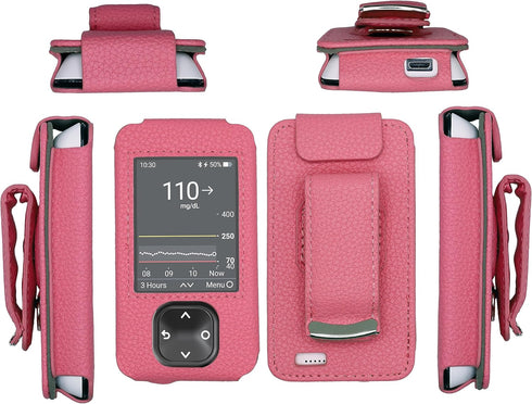 Fitted Leather Case with Screen Protector for Dexcom G7/G6 Receiver, Lanyard Included, Pink